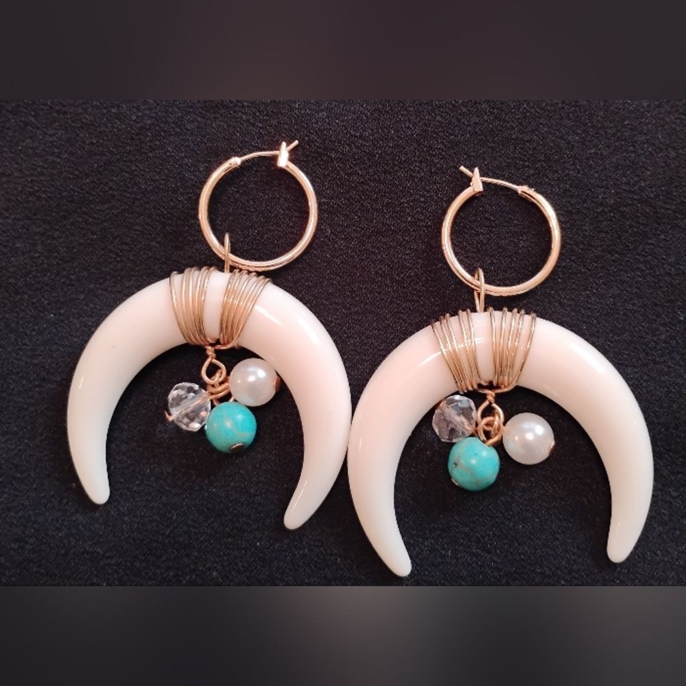 Boho Crescent Horn Earrings Gold Hoop Turquoise Bead Western Statement Drop